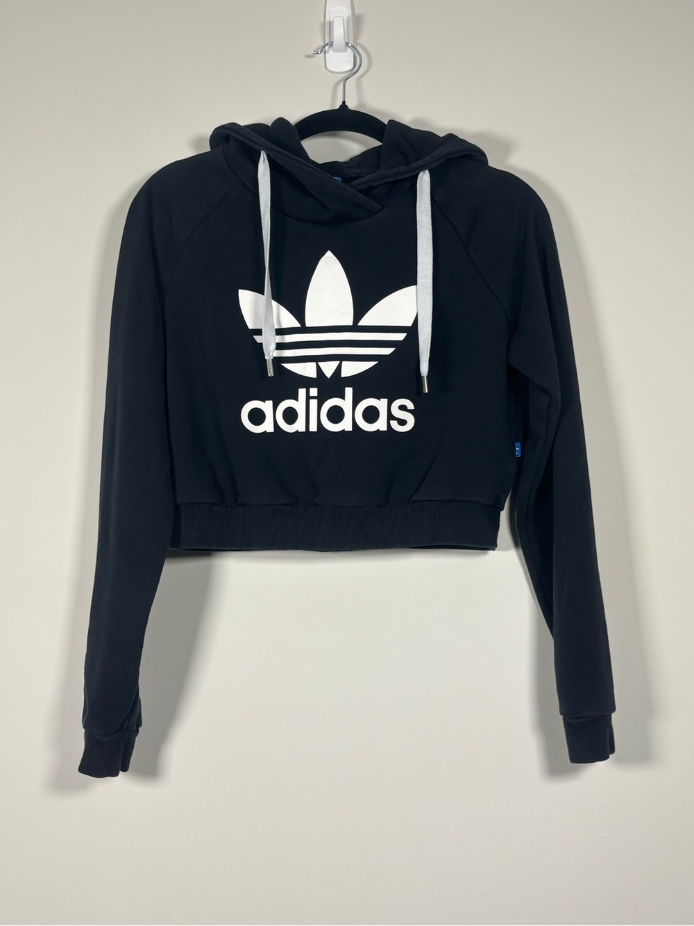Adidas Originals Trefoil Cropped Hoodie Black White Drawstring Sweatshirt Size S